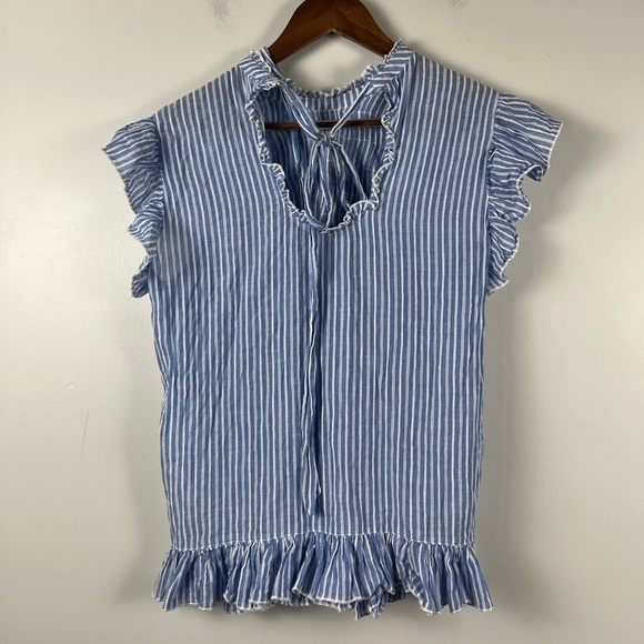 By Anthropologie Uli Ruffled Blouse blue white stripe back tie size large - Picture 7 of 7